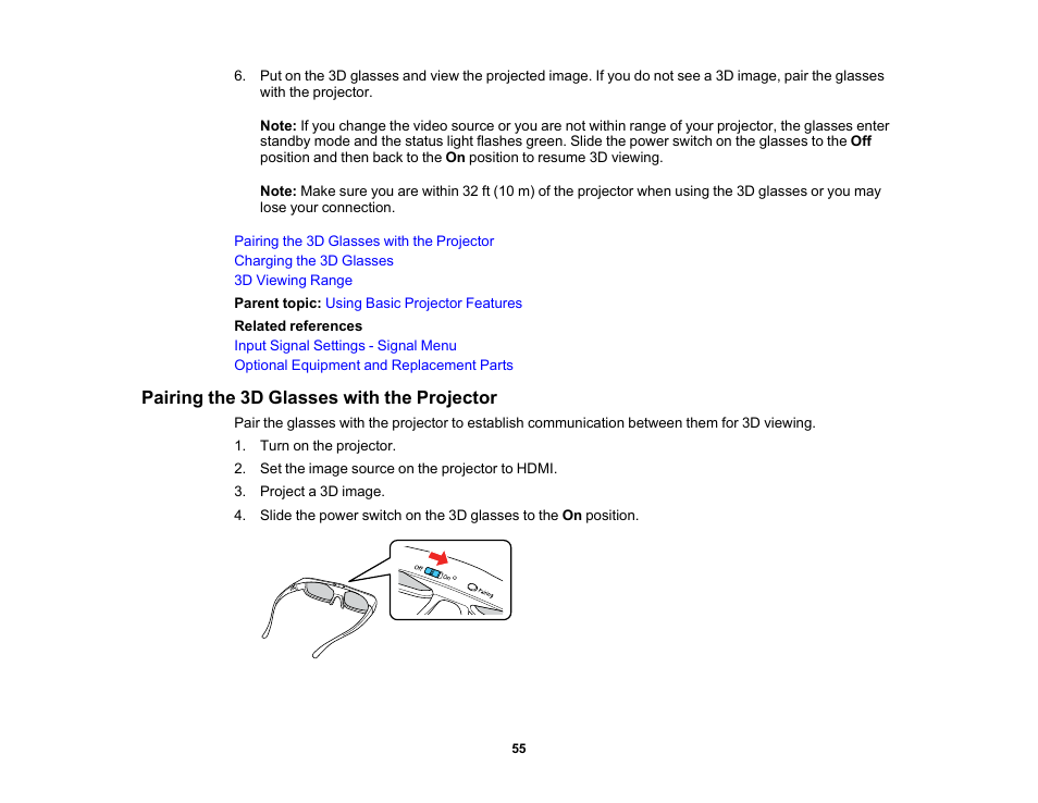 Pairing the 3d glasses with the projector | Epson Home Cinema 3800 HDR Pixel-Shift 4K UHD 3LCD Home Theater Projector User Manual | Page 55 / 164