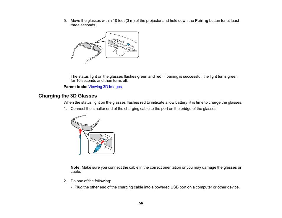 Charging the 3d glasses | Epson Home Cinema 3800 HDR Pixel-Shift 4K UHD 3LCD Home Theater Projector User Manual | Page 56 / 164