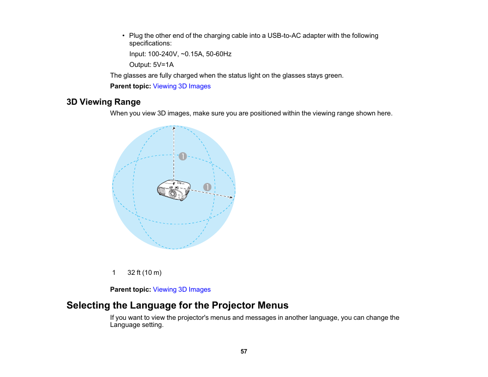 3d viewing range, Selecting the language for the projector menus | Epson Home Cinema 3800 HDR Pixel-Shift 4K UHD 3LCD Home Theater Projector User Manual | Page 57 / 164