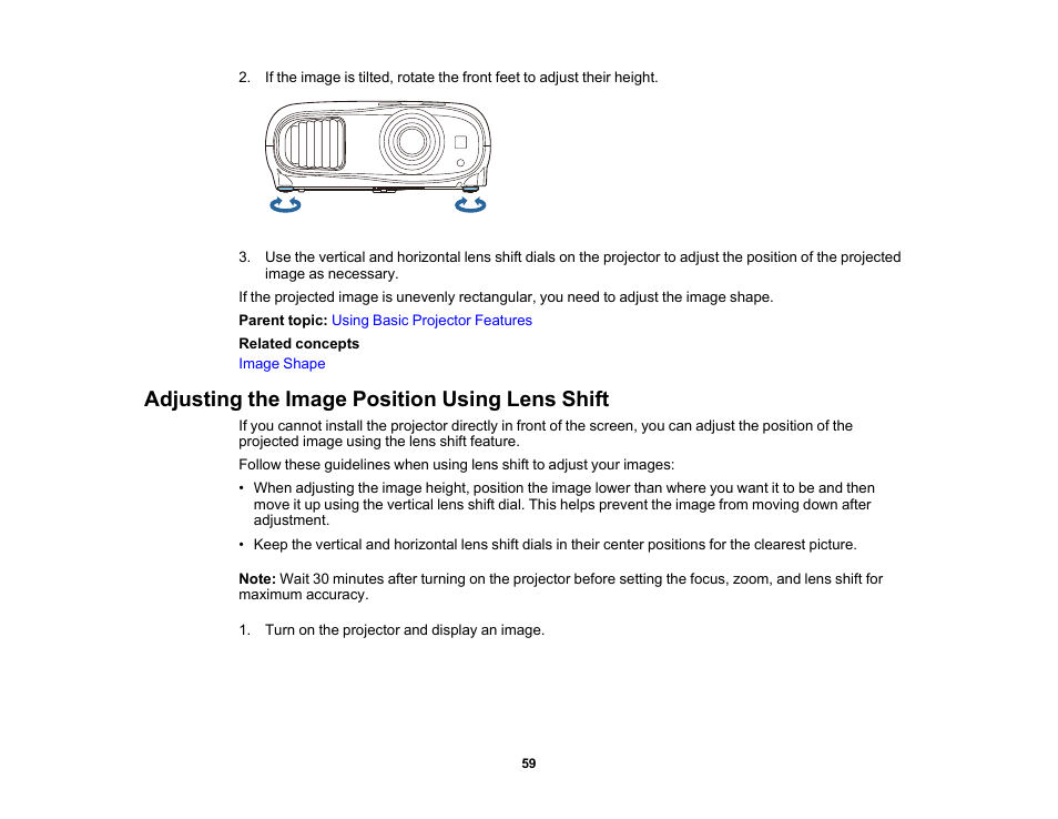 Adjusting the image position using lens shift | Epson Home Cinema 3800 HDR Pixel-Shift 4K UHD 3LCD Home Theater Projector User Manual | Page 59 / 164