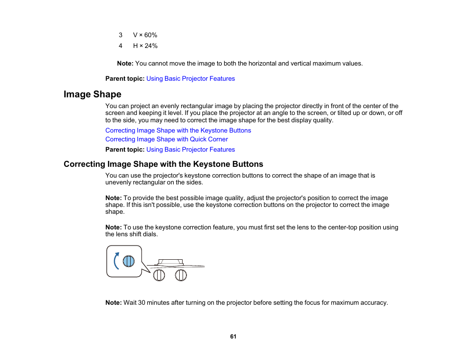 Image shape, Correcting image shape with the keystone buttons | Epson Home Cinema 3800 HDR Pixel-Shift 4K UHD 3LCD Home Theater Projector User Manual | Page 61 / 164