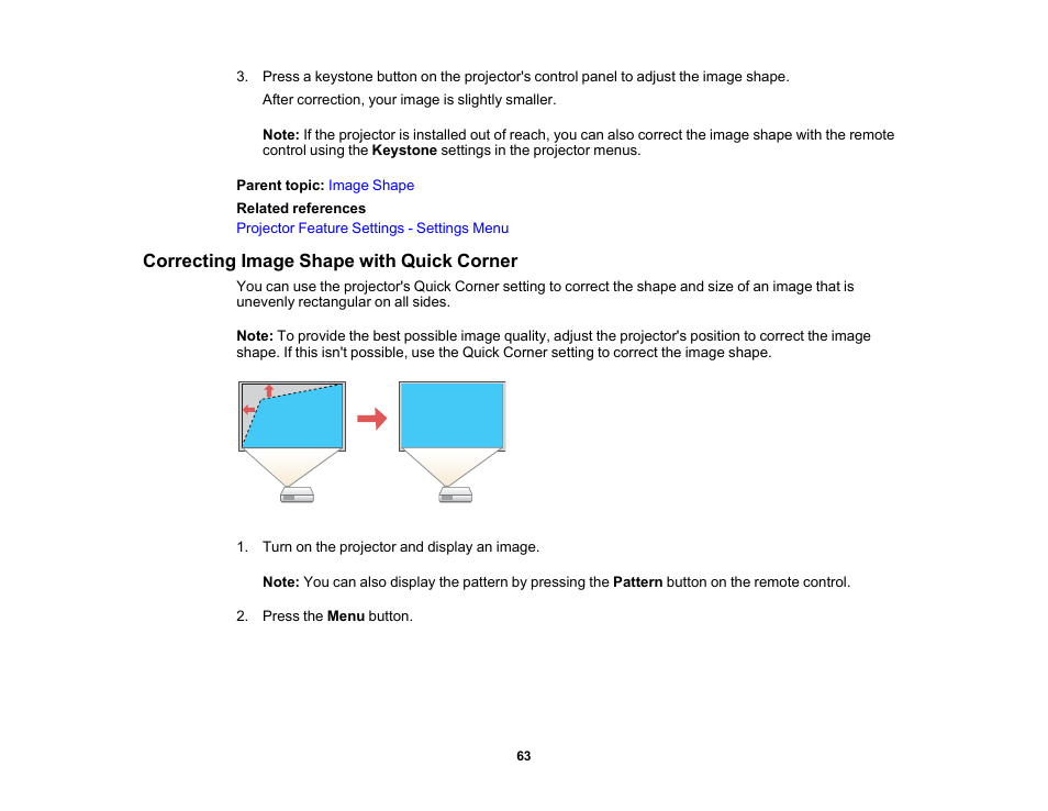 Correcting image shape with quick corner | Epson Home Cinema 3800 HDR Pixel-Shift 4K UHD 3LCD Home Theater Projector User Manual | Page 63 / 164