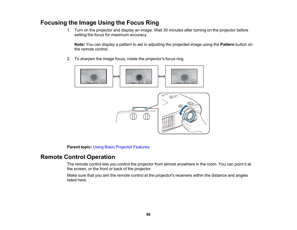 Focusing the image using the focus ring, Remote control operation | Epson Home Cinema 3800 HDR Pixel-Shift 4K UHD 3LCD Home Theater Projector User Manual | Page 66 / 164