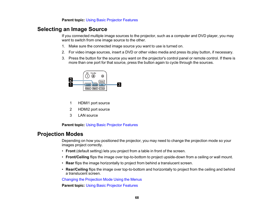 Selecting an image source, Projection modes, Selecting an image source projection modes | Epson Home Cinema 3800 HDR Pixel-Shift 4K UHD 3LCD Home Theater Projector User Manual | Page 68 / 164