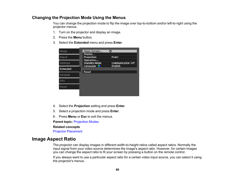 Changing the projection mode using the menus, Image aspect ratio | Epson Home Cinema 3800 HDR Pixel-Shift 4K UHD 3LCD Home Theater Projector User Manual | Page 69 / 164