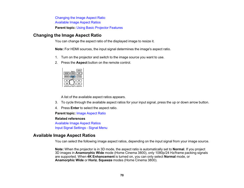 Changing the image aspect ratio, Available image aspect ratios | Epson Home Cinema 3800 HDR Pixel-Shift 4K UHD 3LCD Home Theater Projector User Manual | Page 70 / 164