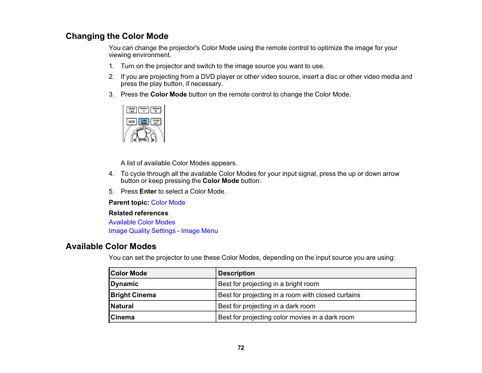Changing the color mode, Available color modes, Changing the color mode available color modes | Epson Home Cinema 3800 HDR Pixel-Shift 4K UHD 3LCD Home Theater Projector User Manual | Page 72 / 164