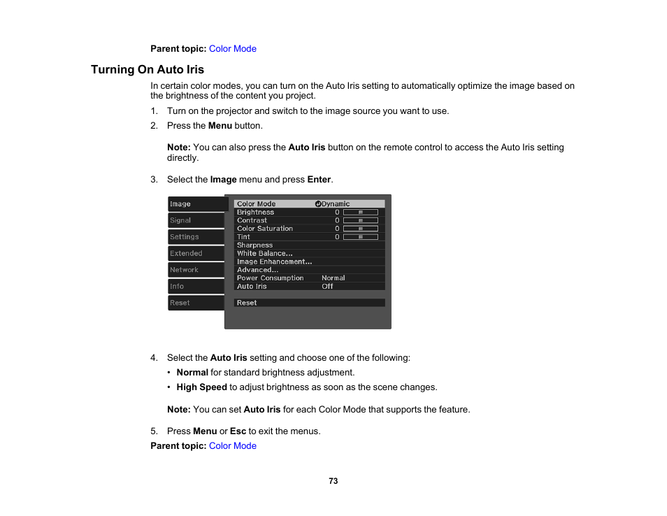 Turning on auto iris | Epson Home Cinema 3800 HDR Pixel-Shift 4K UHD 3LCD Home Theater Projector User Manual | Page 73 / 164