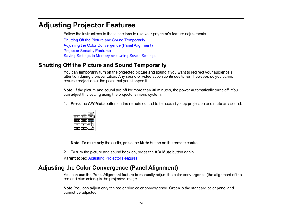 Adjusting projector features, Shutting off the picture and sound temporarily, Adjusting the color convergence (panel alignment) | Epson Home Cinema 3800 HDR Pixel-Shift 4K UHD 3LCD Home Theater Projector User Manual | Page 74 / 164