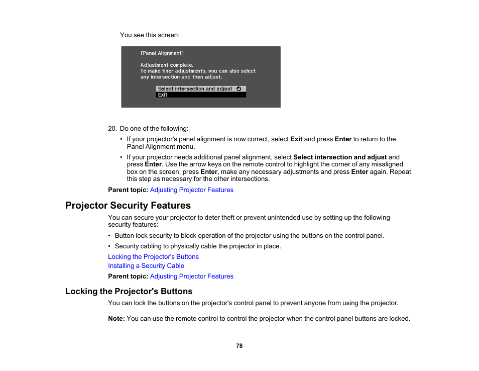 Projector security features, Locking the projector's buttons | Epson Home Cinema 3800 HDR Pixel-Shift 4K UHD 3LCD Home Theater Projector User Manual | Page 78 / 164