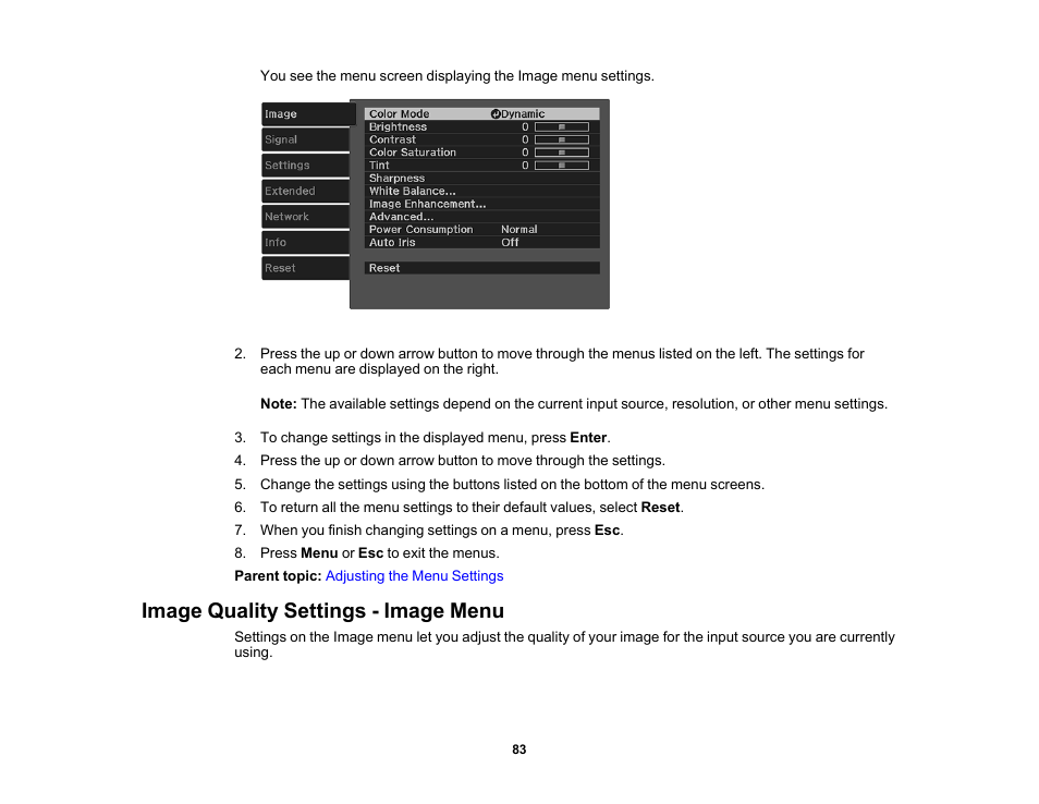 Image quality settings - image menu | Epson Home Cinema 3800 HDR Pixel-Shift 4K UHD 3LCD Home Theater Projector User Manual | Page 83 / 164