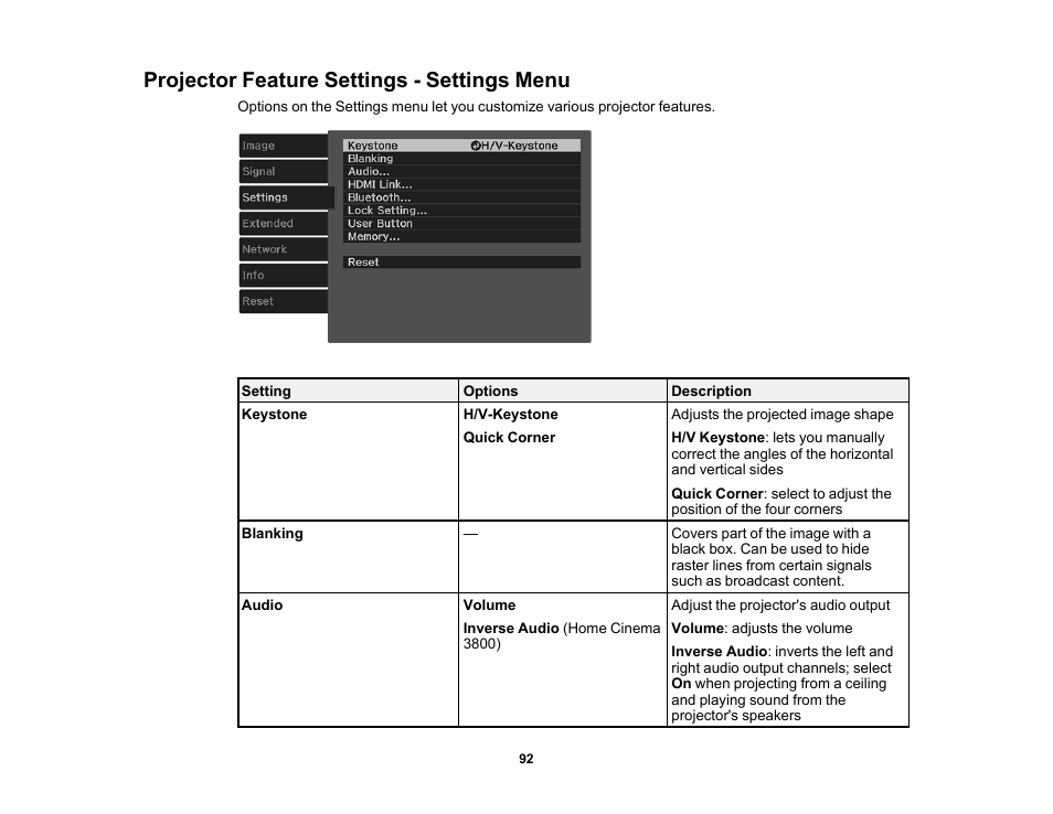 Projector feature settings - settings menu | Epson Home Cinema 3800 HDR Pixel-Shift 4K UHD 3LCD Home Theater Projector User Manual | Page 92 / 164