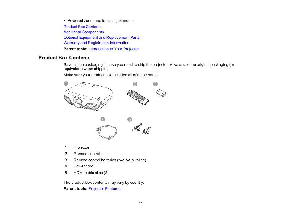 Product box contents | Epson Home Cinema 4010 Pixel-Shifted UHD 3LCD Home Theater Projector User Manual | Page 11 / 166