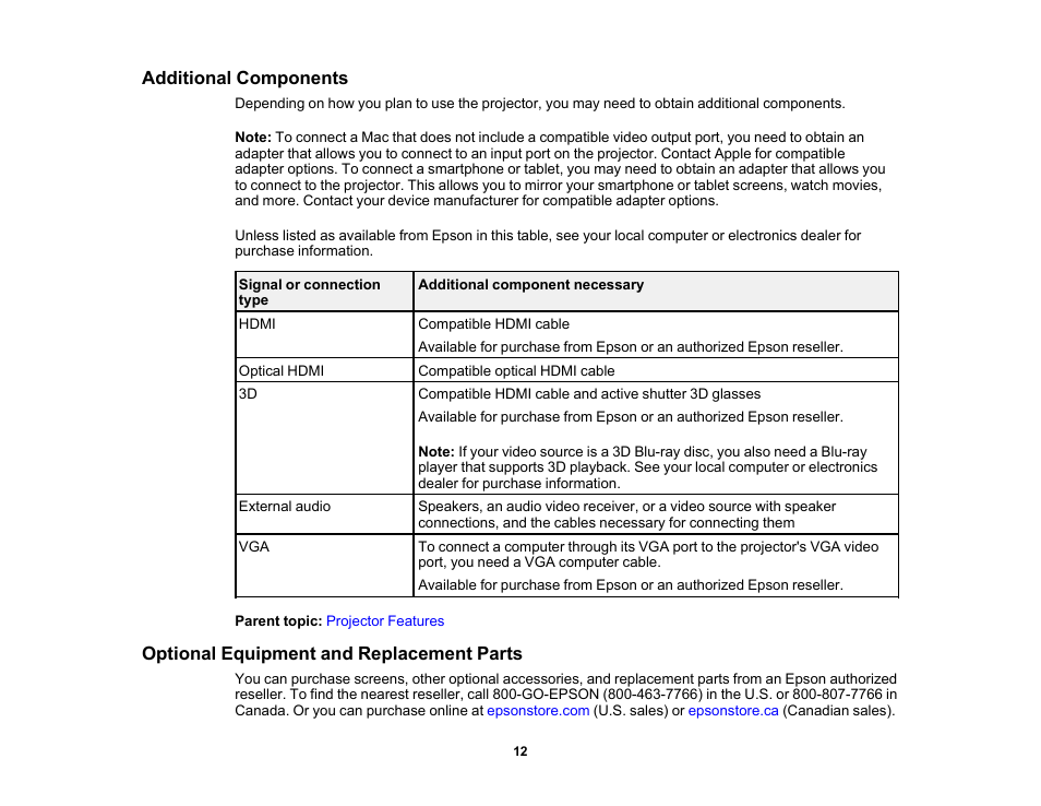 Additional components, Optional equipment and replacement parts | Epson Home Cinema 4010 Pixel-Shifted UHD 3LCD Home Theater Projector User Manual | Page 12 / 166