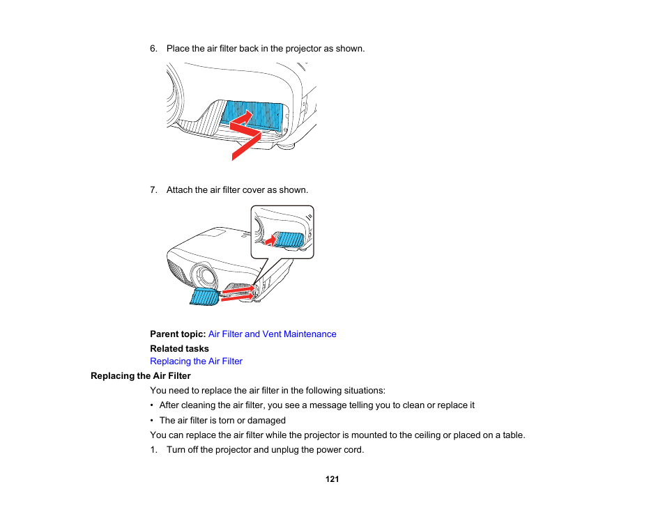 Replacing the air filter | Epson Home Cinema 4010 Pixel-Shifted UHD 3LCD Home Theater Projector User Manual | Page 121 / 166