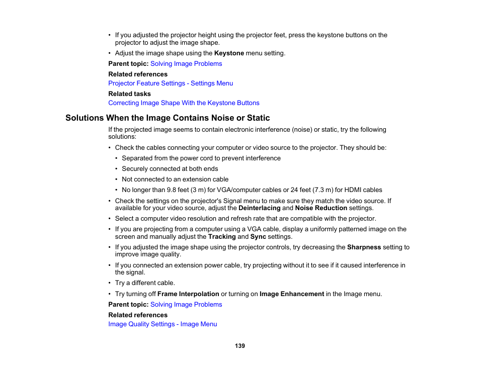 Solutions when the image contains noise or static | Epson Home Cinema 4010 Pixel-Shifted UHD 3LCD Home Theater Projector User Manual | Page 139 / 166