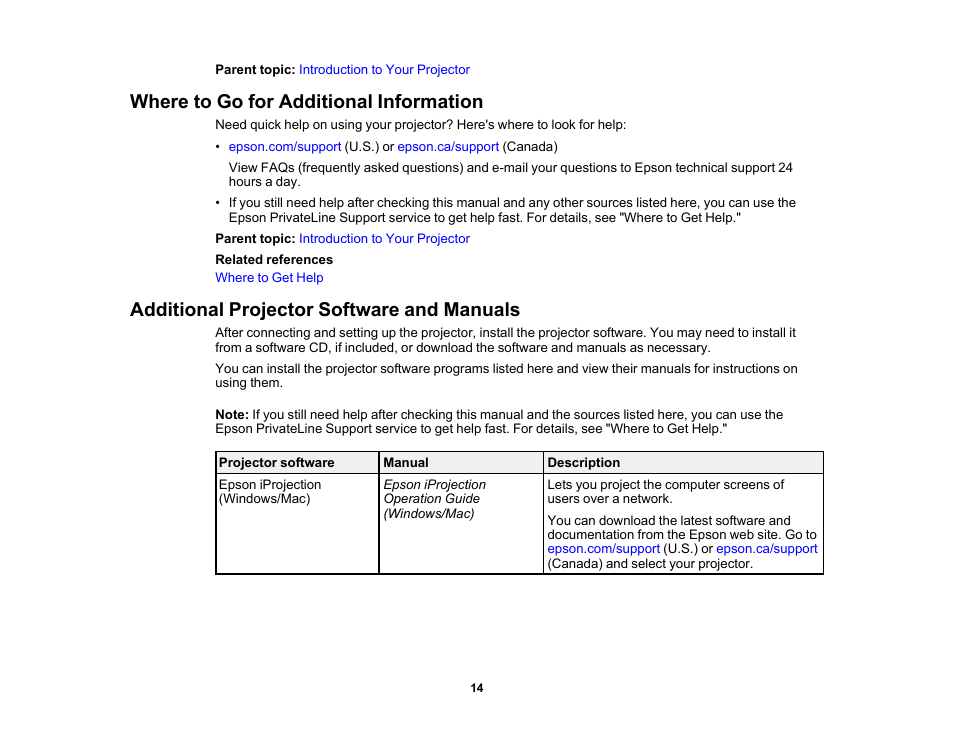 Where to go for additional information, Additional projector software and manuals | Epson Home Cinema 4010 Pixel-Shifted UHD 3LCD Home Theater Projector User Manual | Page 14 / 166