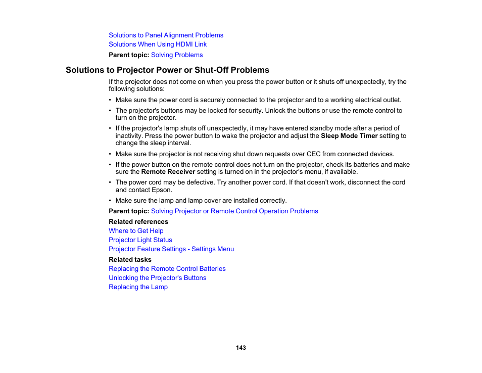 Solutions to projector power or shut-off problems | Epson Home Cinema 4010 Pixel-Shifted UHD 3LCD Home Theater Projector User Manual | Page 143 / 166
