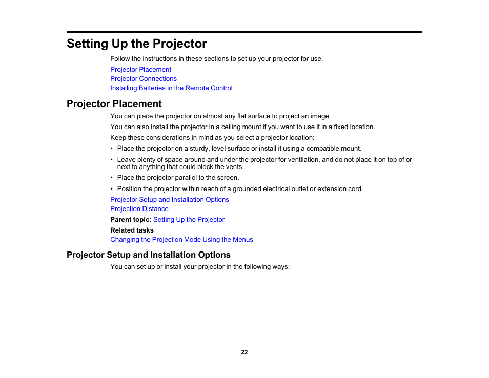 Setting up the projector, Projector placement, Projector setup and installation options | Epson Home Cinema 4010 Pixel-Shifted UHD 3LCD Home Theater Projector User Manual | Page 22 / 166