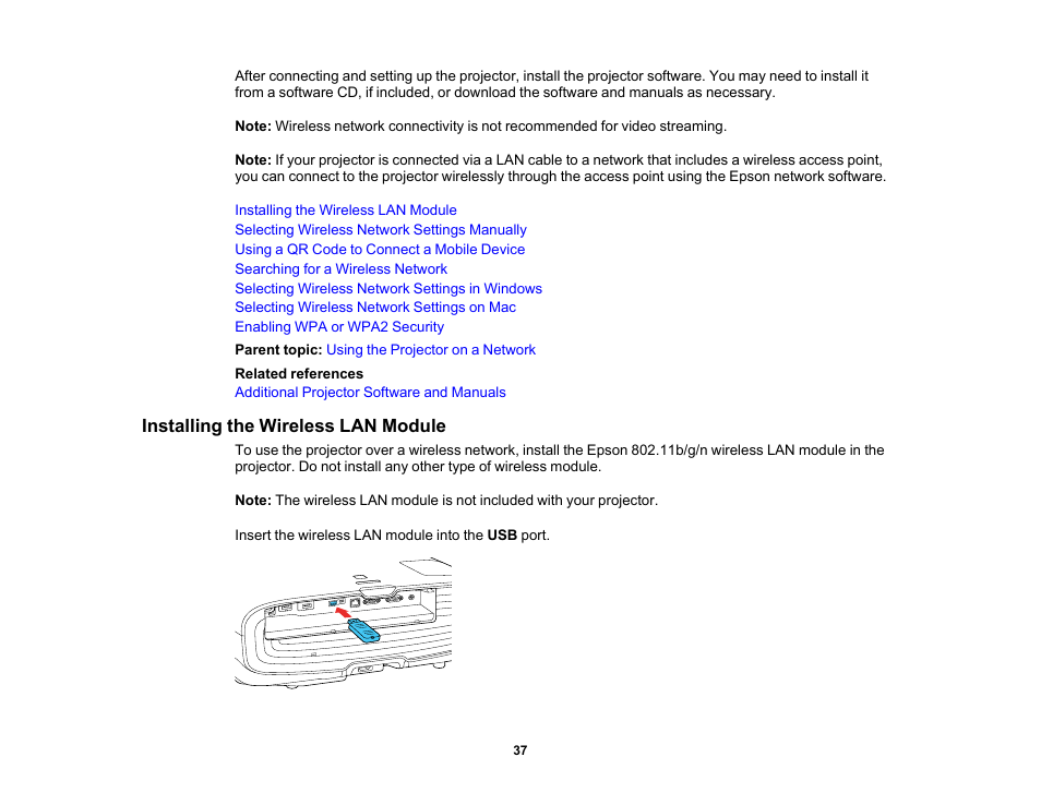 Installing the wireless lan module | Epson Home Cinema 4010 Pixel-Shifted UHD 3LCD Home Theater Projector User Manual | Page 37 / 166