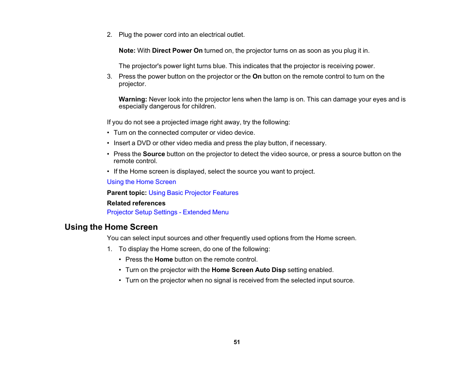 Using the home screen | Epson Home Cinema 4010 Pixel-Shifted UHD 3LCD Home Theater Projector User Manual | Page 51 / 166