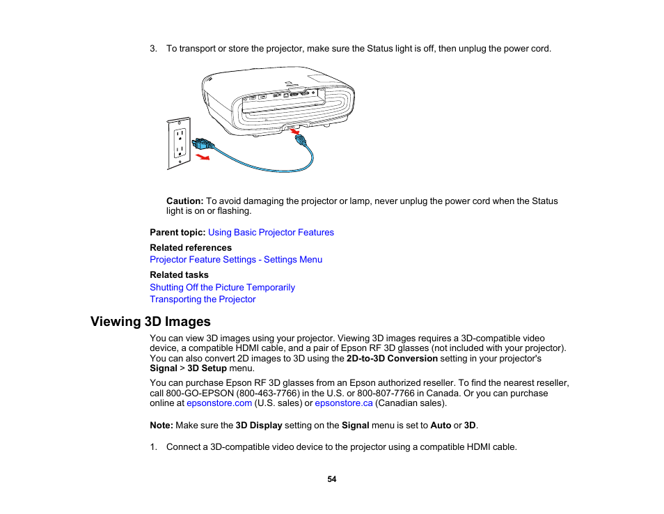 Viewing 3d images | Epson Home Cinema 4010 Pixel-Shifted UHD 3LCD Home Theater Projector User Manual | Page 54 / 166