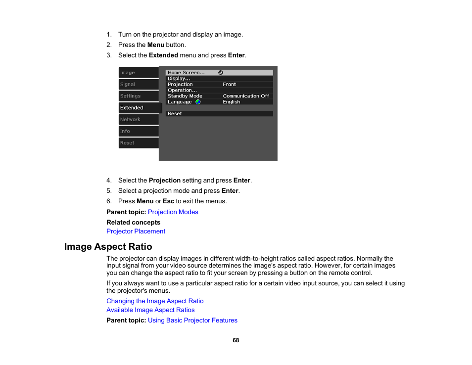 Image aspect ratio | Epson Home Cinema 4010 Pixel-Shifted UHD 3LCD Home Theater Projector User Manual | Page 68 / 166