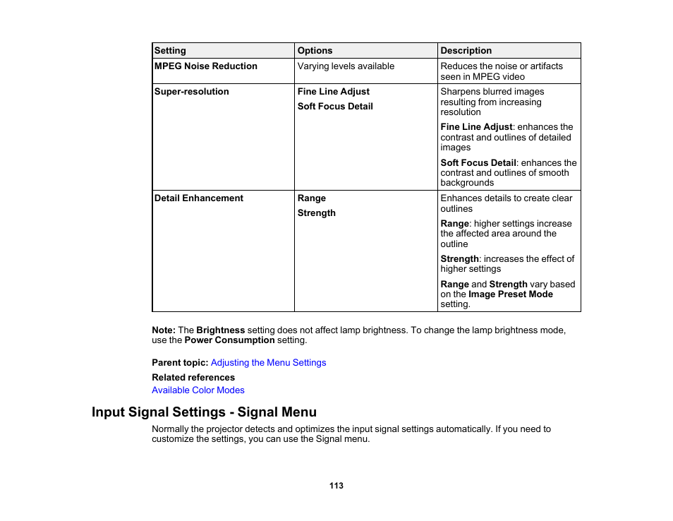 Input signal settings - signal menu | Epson Home Cinema PRO-UHD 5050UB HDR Pixel-Shift 4K UHD 3LCD Home Theater Projector User Manual | Page 113 / 184