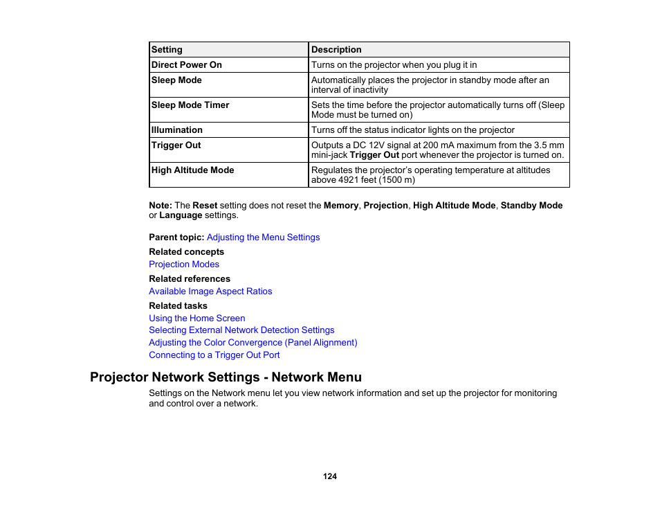 Projector network settings - network menu | Epson Home Cinema PRO-UHD 5050UB HDR Pixel-Shift 4K UHD 3LCD Home Theater Projector User Manual | Page 124 / 184