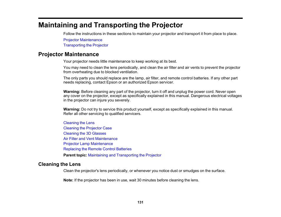 Maintaining and transporting the projector, Projector maintenance, Cleaning the lens | Epson Home Cinema PRO-UHD 5050UB HDR Pixel-Shift 4K UHD 3LCD Home Theater Projector User Manual | Page 131 / 184