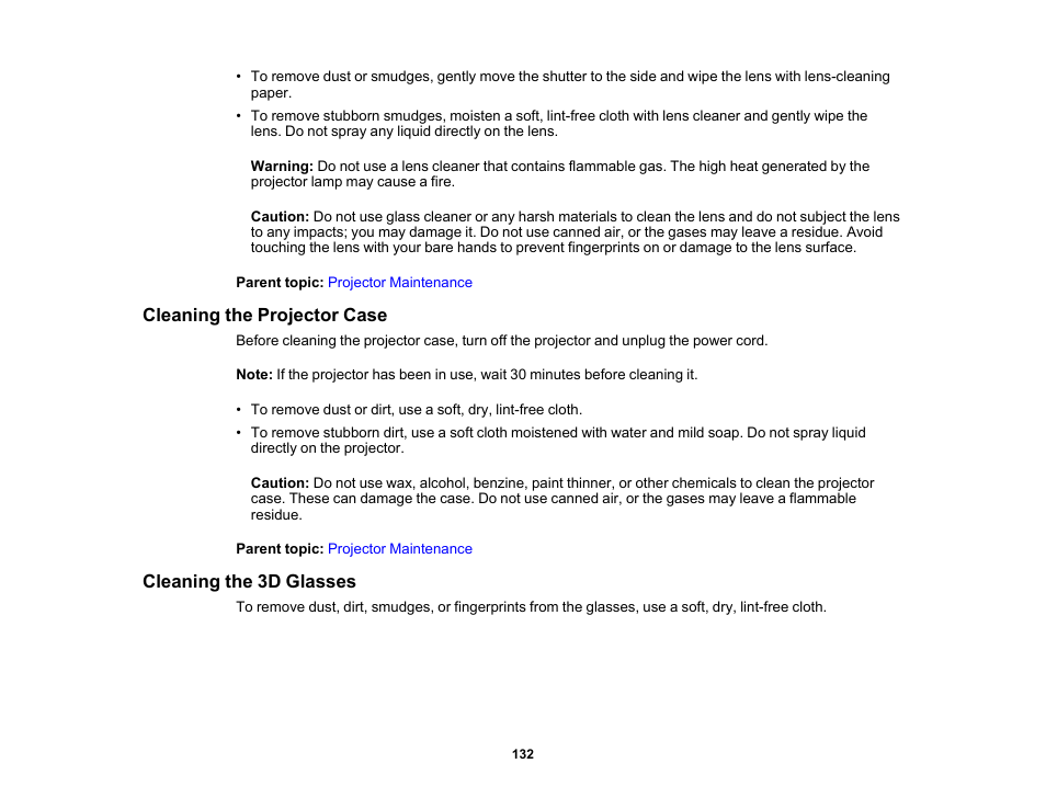 Cleaning the projector case, Cleaning the 3d glasses | Epson Home Cinema PRO-UHD 5050UB HDR Pixel-Shift 4K UHD 3LCD Home Theater Projector User Manual | Page 132 / 184