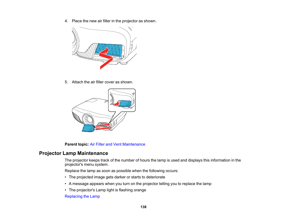 Projector lamp maintenance | Epson Home Cinema PRO-UHD 5050UB HDR Pixel-Shift 4K UHD 3LCD Home Theater Projector User Manual | Page 138 / 184
