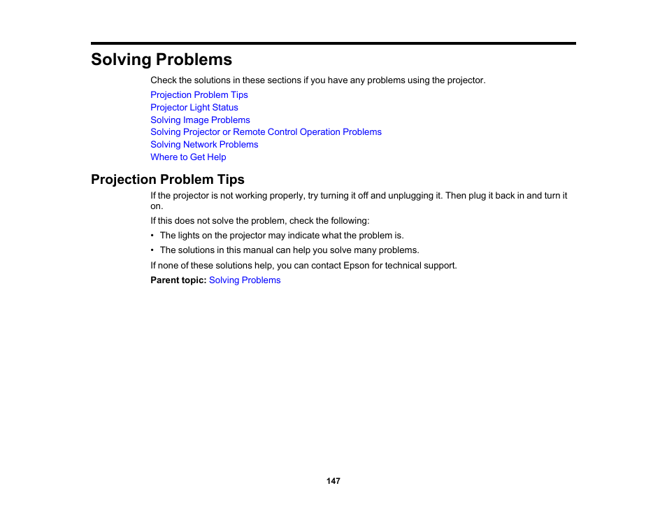 Solving problems, Projection problem tips | Epson Home Cinema PRO-UHD 5050UB HDR Pixel-Shift 4K UHD 3LCD Home Theater Projector User Manual | Page 147 / 184