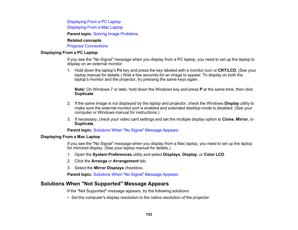 Displaying from a pc laptop, Displaying from a mac laptop, Solutions when "not supported" message appears | Epson Home Cinema PRO-UHD 5050UB HDR Pixel-Shift 4K UHD 3LCD Home Theater Projector User Manual | Page 153 / 184