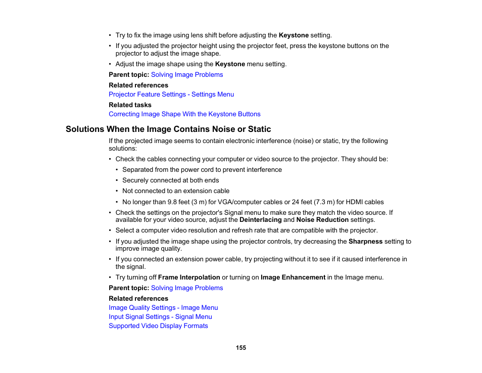 Solutions when the image contains noise or static | Epson Home Cinema PRO-UHD 5050UB HDR Pixel-Shift 4K UHD 3LCD Home Theater Projector User Manual | Page 155 / 184