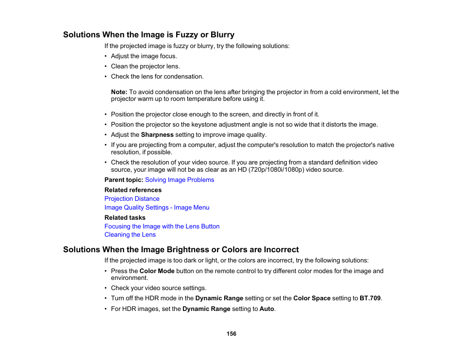 Solutions when the image is fuzzy or blurry | Epson Home Cinema PRO-UHD 5050UB HDR Pixel-Shift 4K UHD 3LCD Home Theater Projector User Manual | Page 156 / 184