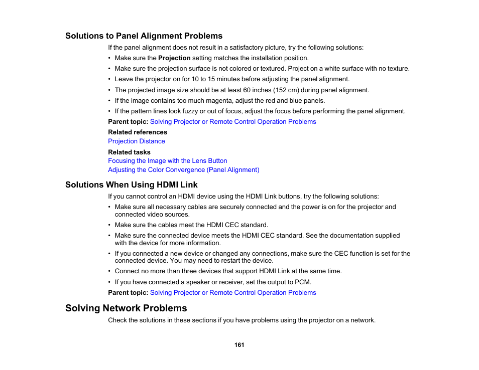 Solutions to panel alignment problems, Solutions when using hdmi link, Solving network problems | Epson Home Cinema PRO-UHD 5050UB HDR Pixel-Shift 4K UHD 3LCD Home Theater Projector User Manual | Page 161 / 184