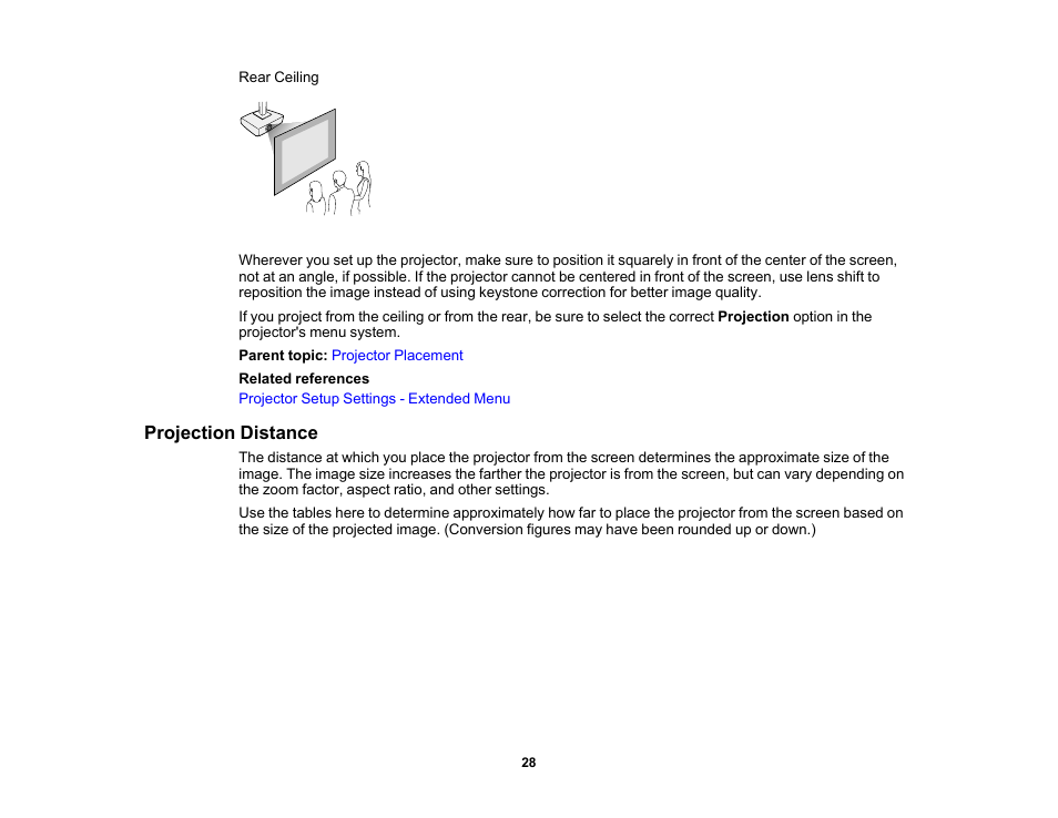 Projection distance | Epson Home Cinema PRO-UHD 5050UB HDR Pixel-Shift 4K UHD 3LCD Home Theater Projector User Manual | Page 28 / 184