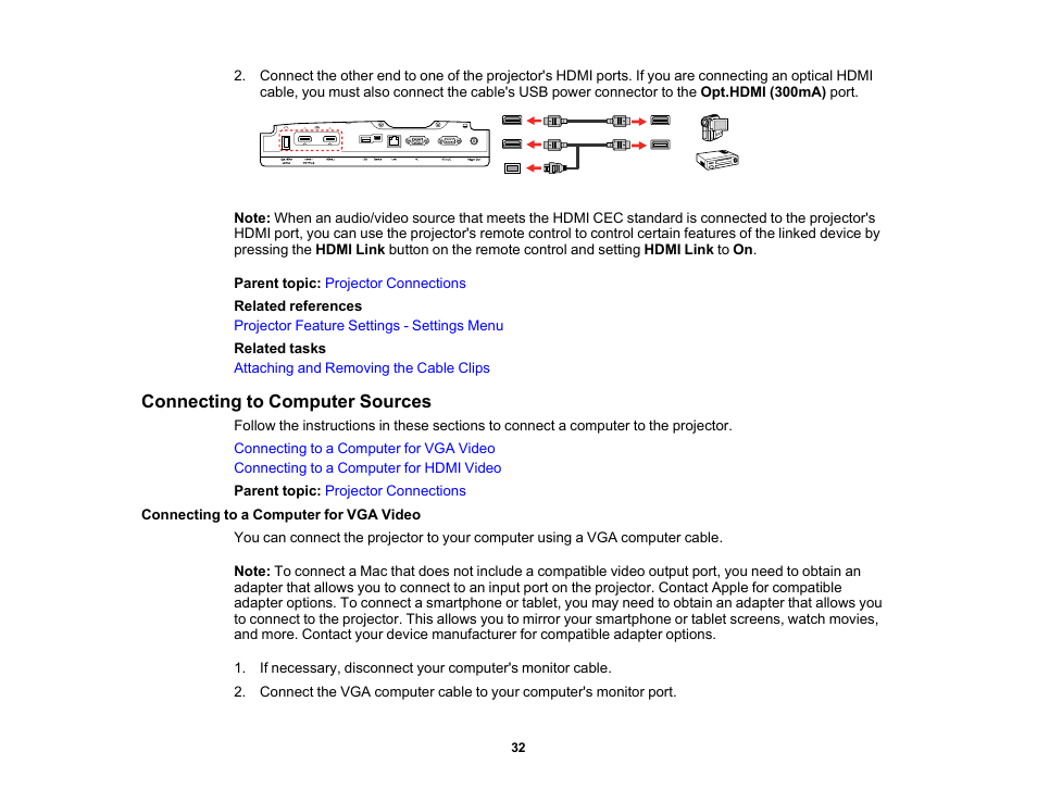 Connecting to computer sources, Connecting to a computer for vga video | Epson Home Cinema PRO-UHD 5050UB HDR Pixel-Shift 4K UHD 3LCD Home Theater Projector User Manual | Page 32 / 184