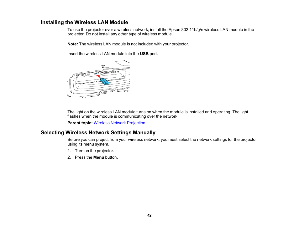 Installing the wireless lan module, Selecting wireless network settings manually | Epson Home Cinema PRO-UHD 5050UB HDR Pixel-Shift 4K UHD 3LCD Home Theater Projector User Manual | Page 42 / 184