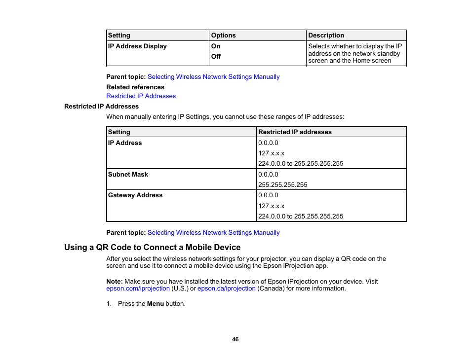 Restricted ip addresses, Using a qr code to connect a mobile device | Epson Home Cinema PRO-UHD 5050UB HDR Pixel-Shift 4K UHD 3LCD Home Theater Projector User Manual | Page 46 / 184