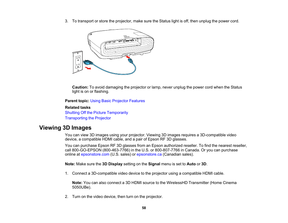 Viewing 3d images | Epson Home Cinema PRO-UHD 5050UB HDR Pixel-Shift 4K UHD 3LCD Home Theater Projector User Manual | Page 58 / 184