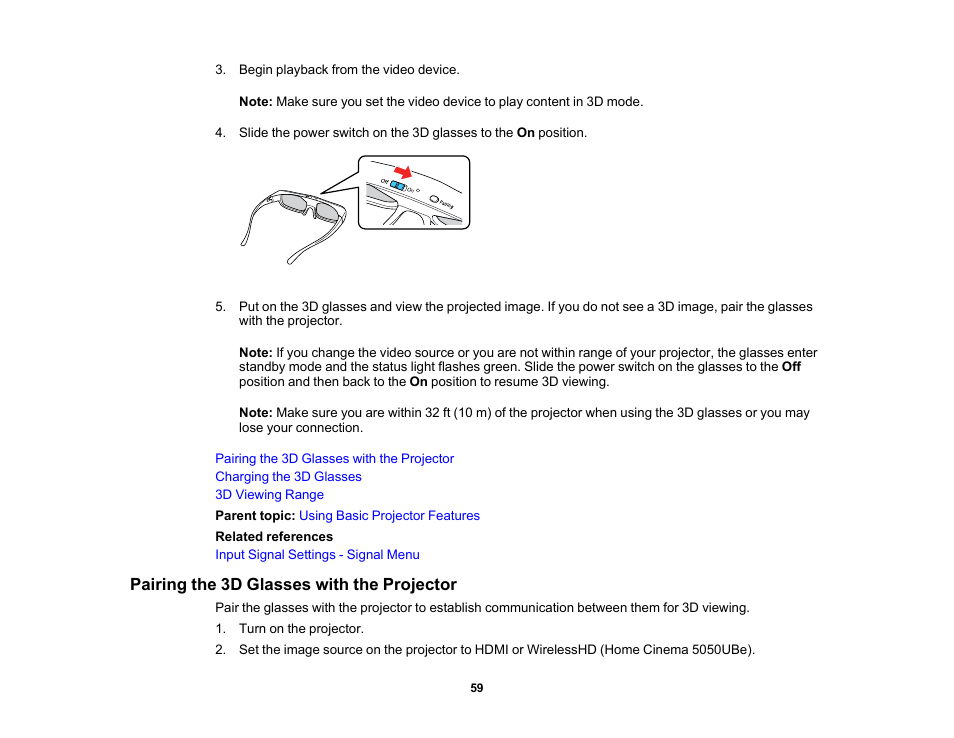 Pairing the 3d glasses with the projector | Epson Home Cinema PRO-UHD 5050UB HDR Pixel-Shift 4K UHD 3LCD Home Theater Projector User Manual | Page 59 / 184