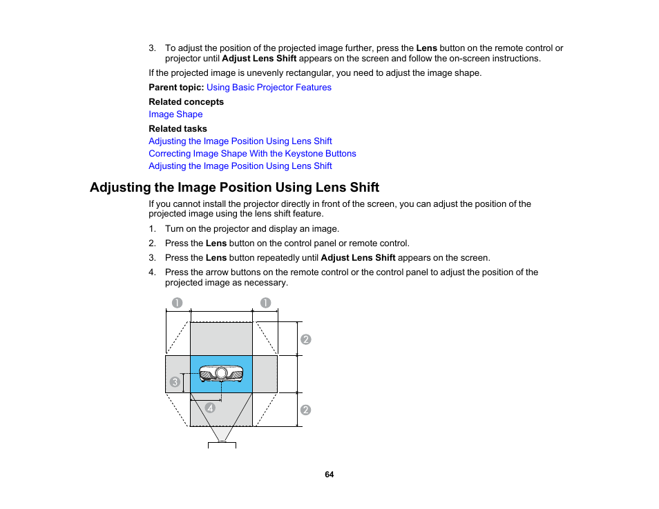 Adjusting the image position using lens shift | Epson Home Cinema PRO-UHD 5050UB HDR Pixel-Shift 4K UHD 3LCD Home Theater Projector User Manual | Page 64 / 184