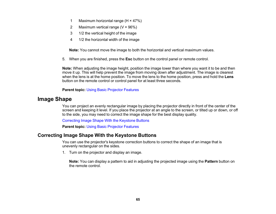 Image shape, Correcting image shape with the keystone buttons | Epson Home Cinema PRO-UHD 5050UB HDR Pixel-Shift 4K UHD 3LCD Home Theater Projector User Manual | Page 65 / 184