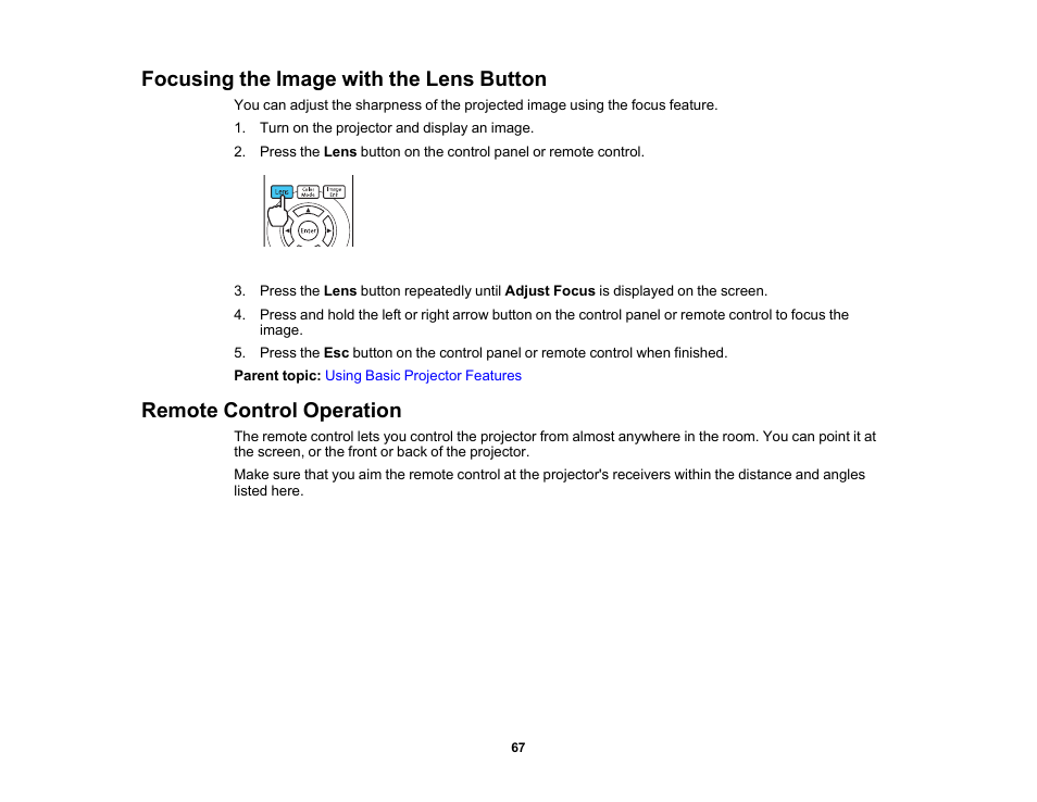 Focusing the image with the lens button, Remote control operation | Epson Home Cinema PRO-UHD 5050UB HDR Pixel-Shift 4K UHD 3LCD Home Theater Projector User Manual | Page 67 / 184