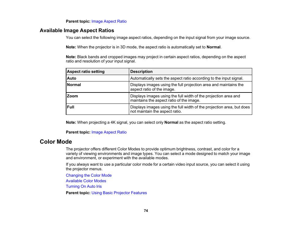 Available image aspect ratios, Color mode | Epson Home Cinema PRO-UHD 5050UB HDR Pixel-Shift 4K UHD 3LCD Home Theater Projector User Manual | Page 74 / 184