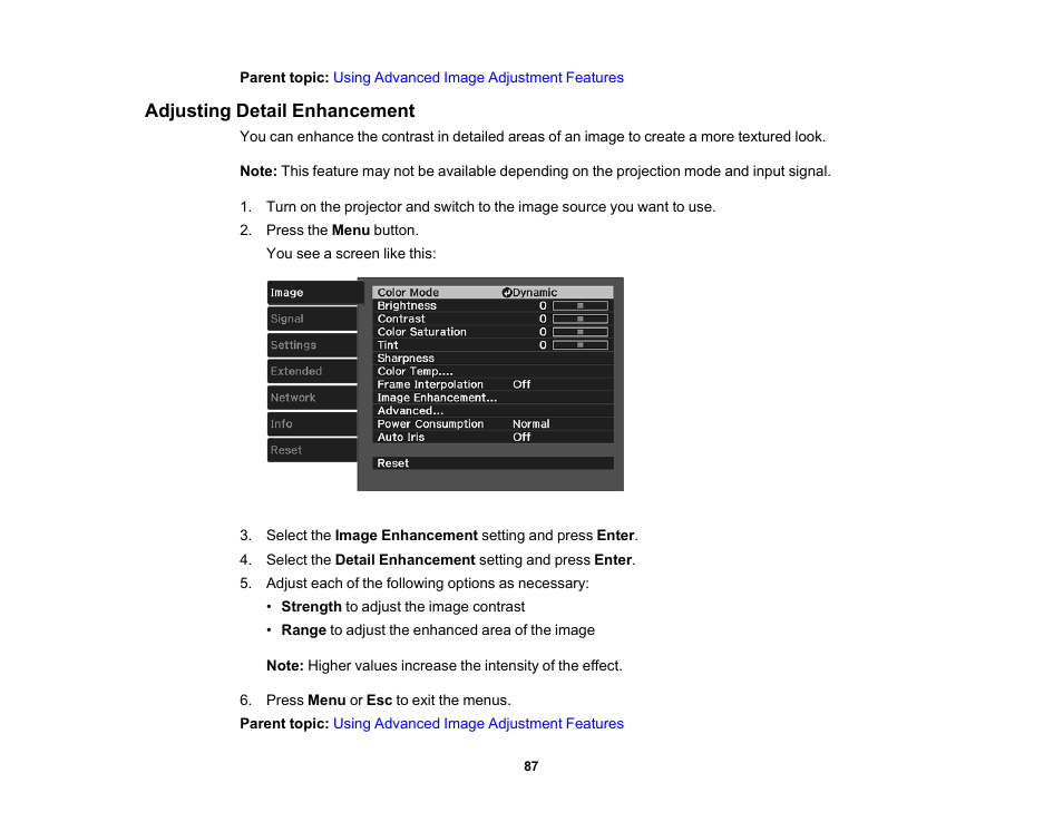 Adjusting detail enhancement | Epson Home Cinema PRO-UHD 5050UB HDR Pixel-Shift 4K UHD 3LCD Home Theater Projector User Manual | Page 87 / 184