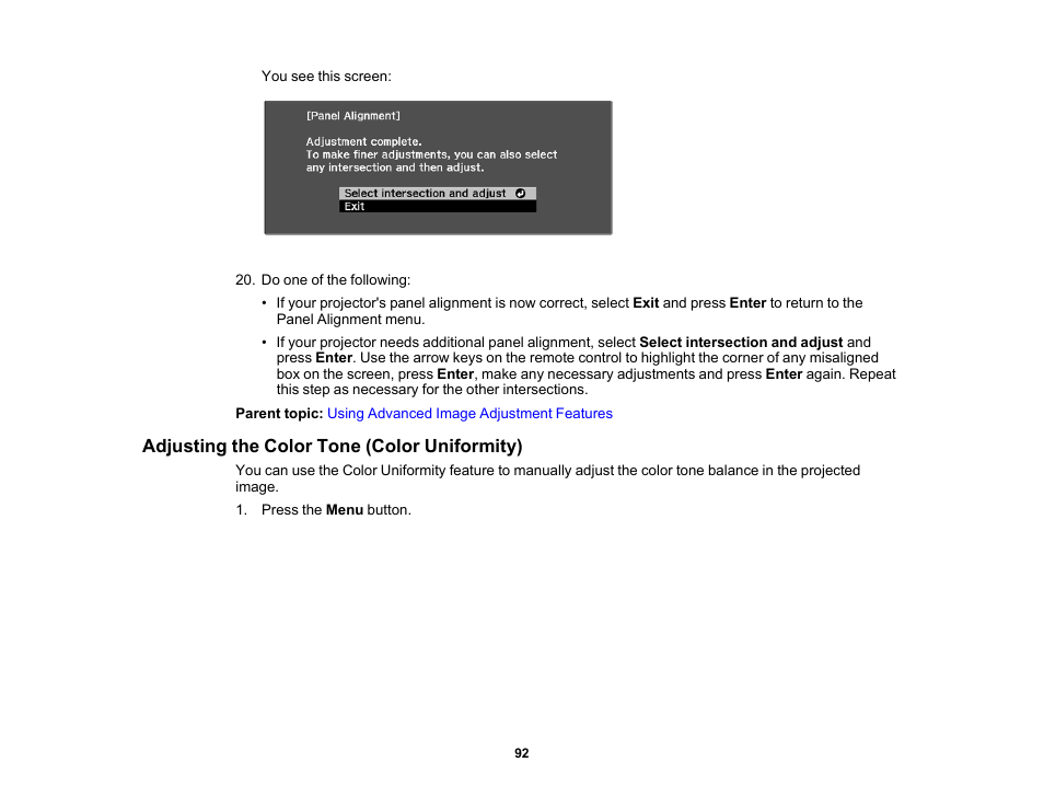Adjusting the color tone (color uniformity) | Epson Home Cinema PRO-UHD 5050UB HDR Pixel-Shift 4K UHD 3LCD Home Theater Projector User Manual | Page 92 / 184