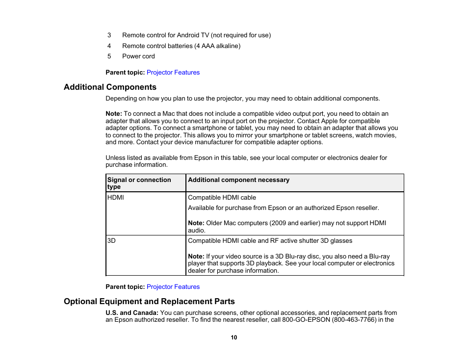 Additional components, Optional equipment and replacement parts | Epson Home Cinema 2200 2700-Lumen Full HD 3LCD Smart Projector (2021 Version) User Manual | Page 10 / 136